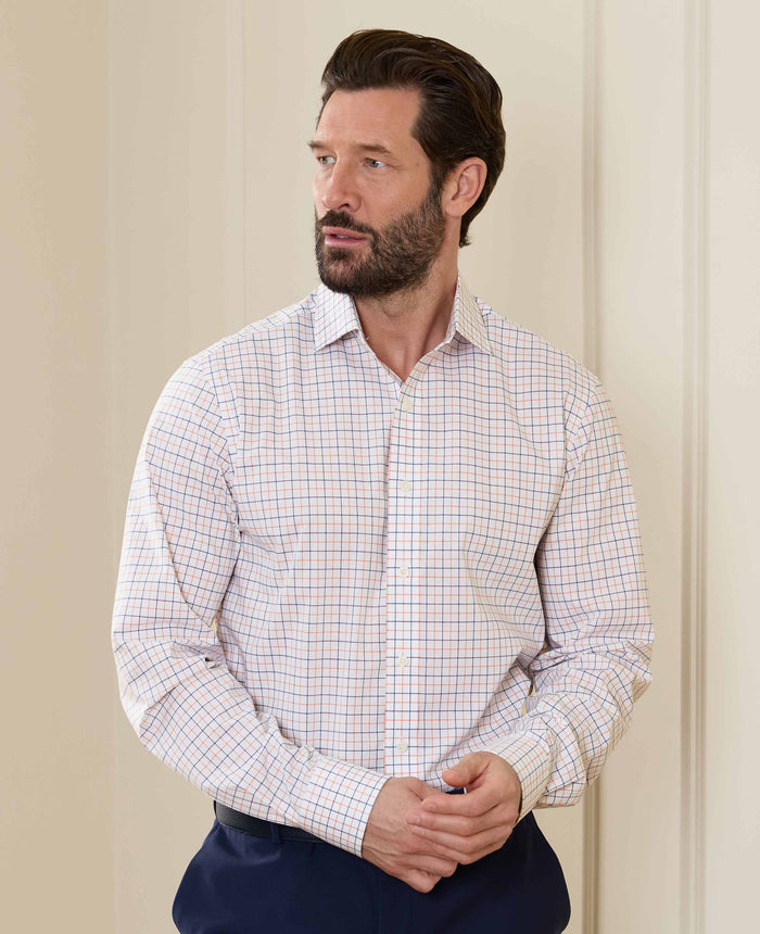 Men's White Cotton Poplin Slim Fit Check Formal Shirt With Single Cuff model shot