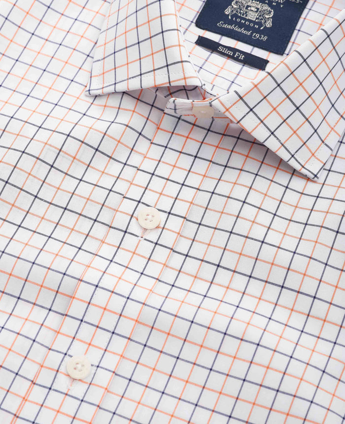 Men's White Cotton Poplin Slim Fit Check Formal Shirt With Single Cuff collar detail