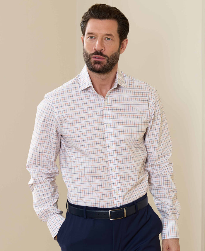 Men's White Cotton Poplin Slim Fit Check Formal Shirt With Single Cuff model shot