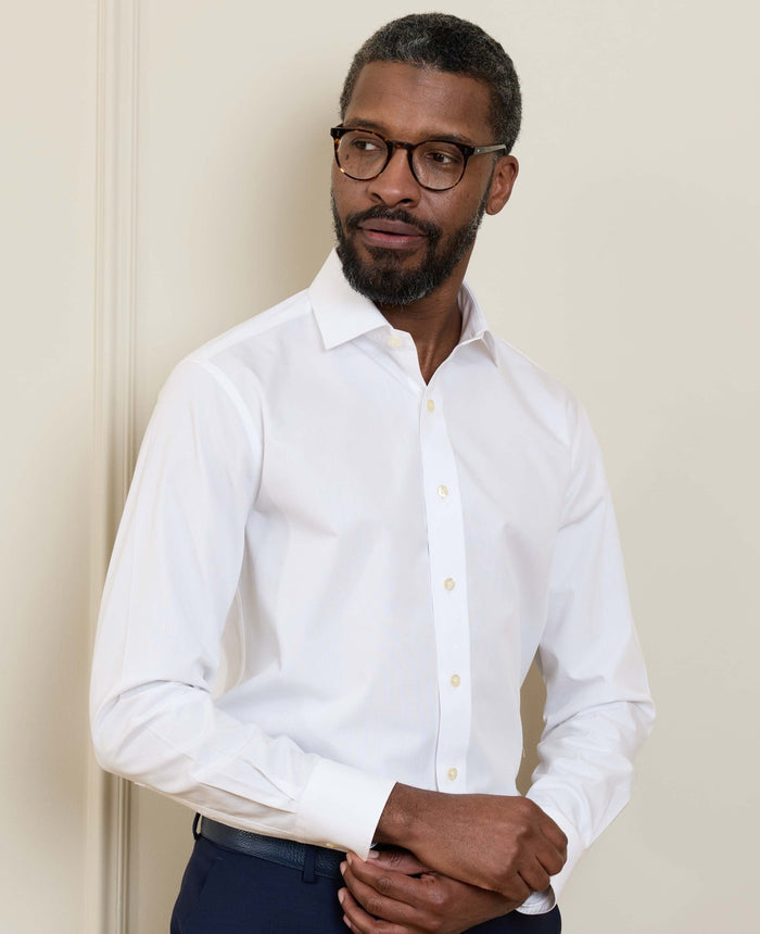 Men's White Cotton Poplin Slim Fit Non-Iron Shirt With Double Cuffs model shot