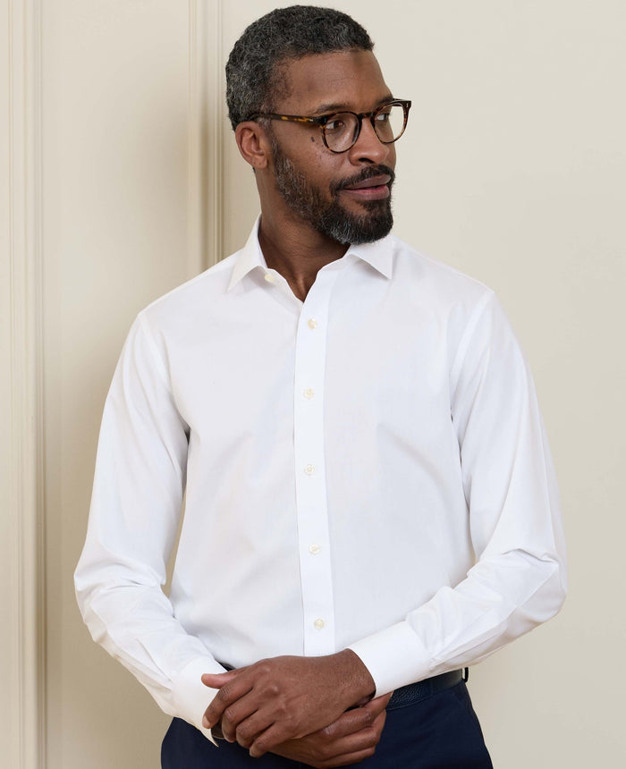 Men's White Cotton Poplin Slim Fit Non-Iron Shirt With Double Cuffs model shot