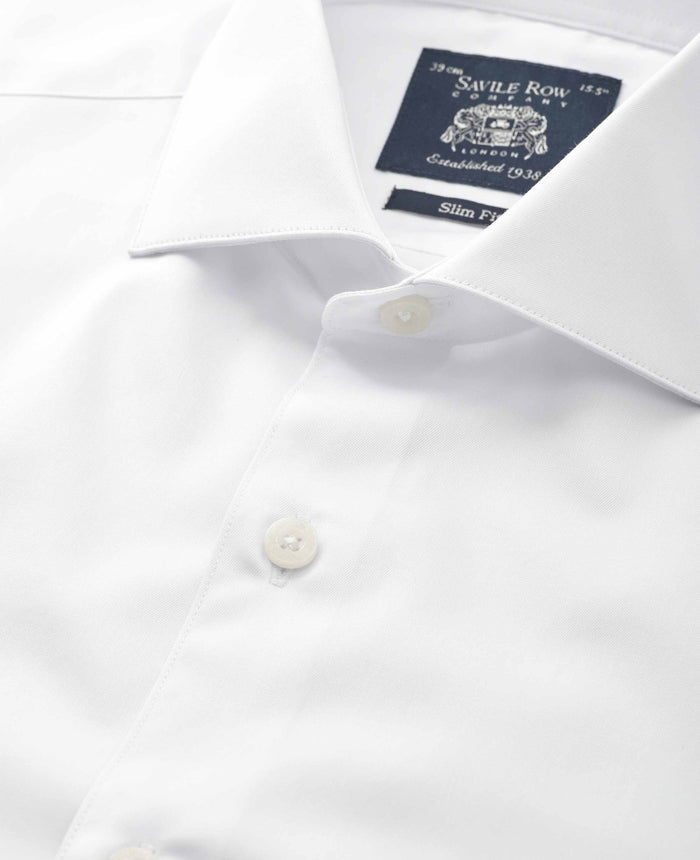 Men's White Cotton Twill Slim Fit Formal Shirt With Single Cuffs collar detail