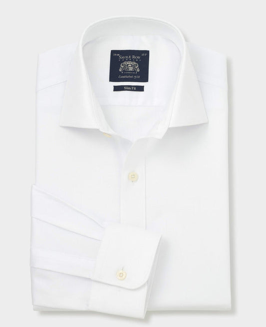 Men's White Cotton Herringbone Slim Formal Shirt With Single Cuffs folded