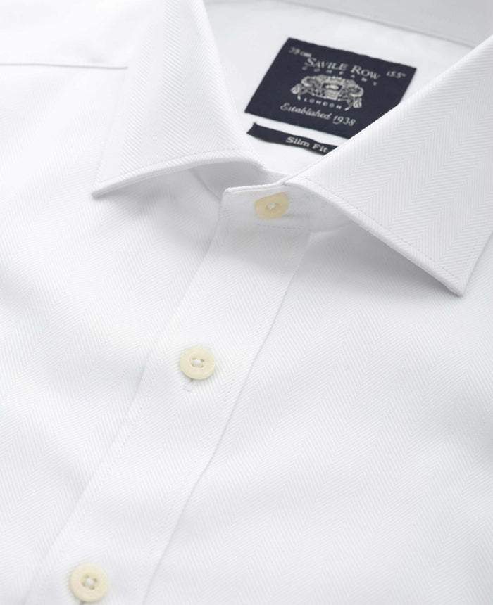 Men's White Cotton Herringbone Slim Formal Shirt With Single Cuffs collar detail