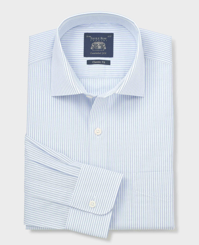 Men's White Light Blue Cotton Poplin Classic Fit Stripe Formal Shirt With Single Cuffs folded shot