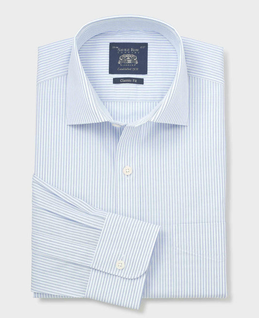 Men's White Light Blue Cotton Poplin Classic Fit Stripe Formal Shirt With Single Cuffs folded shot