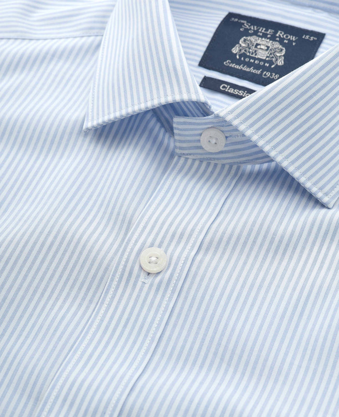 Men's White Light Blue Cotton Poplin Classic Fit Stripe Formal Shirt With Single Cuffs collar detail