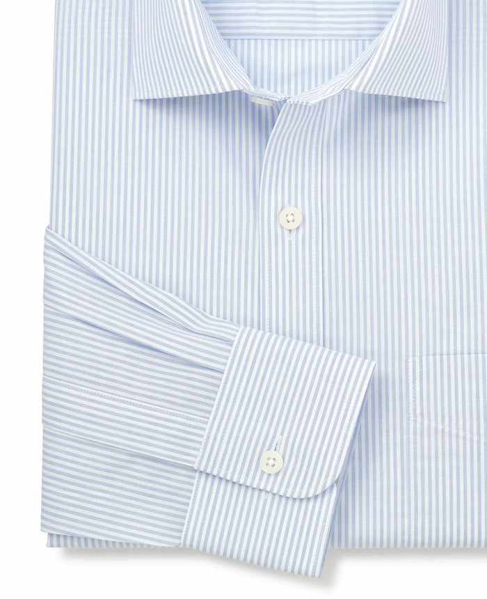 Men's White Light Blue Cotton Poplin Classic Fit Stripe Formal Shirt With Single Cuffs sleeve detail