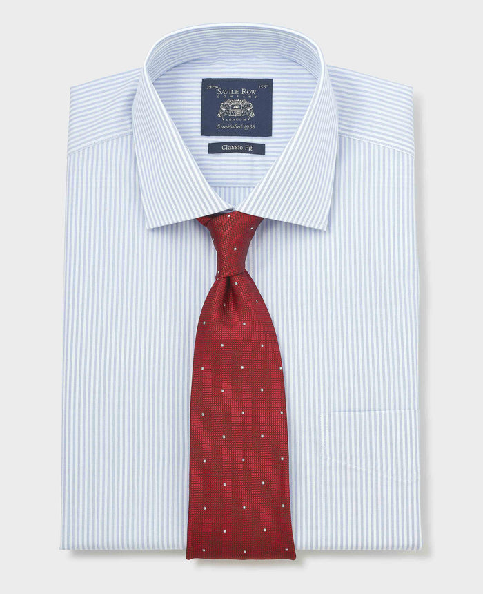 Men's White Light Blue Cotton Poplin Classic Fit Stripe Formal Shirt With Single Cuffs folded shot