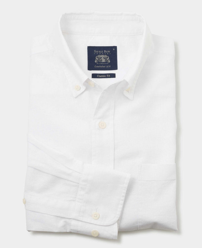 Men's White Linen-Blend Classic Fit Casual Shirt folded