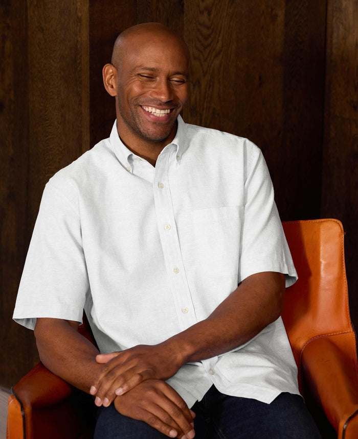 White Linen-Blend Classic Fit Short Sleeve Shirt