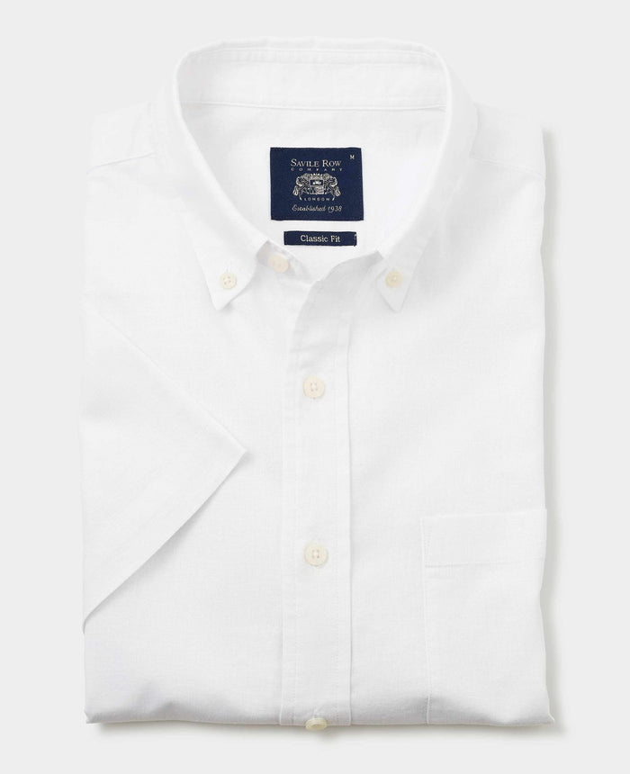 White Linen-Blend Classic Fit Short Sleeve Shirt