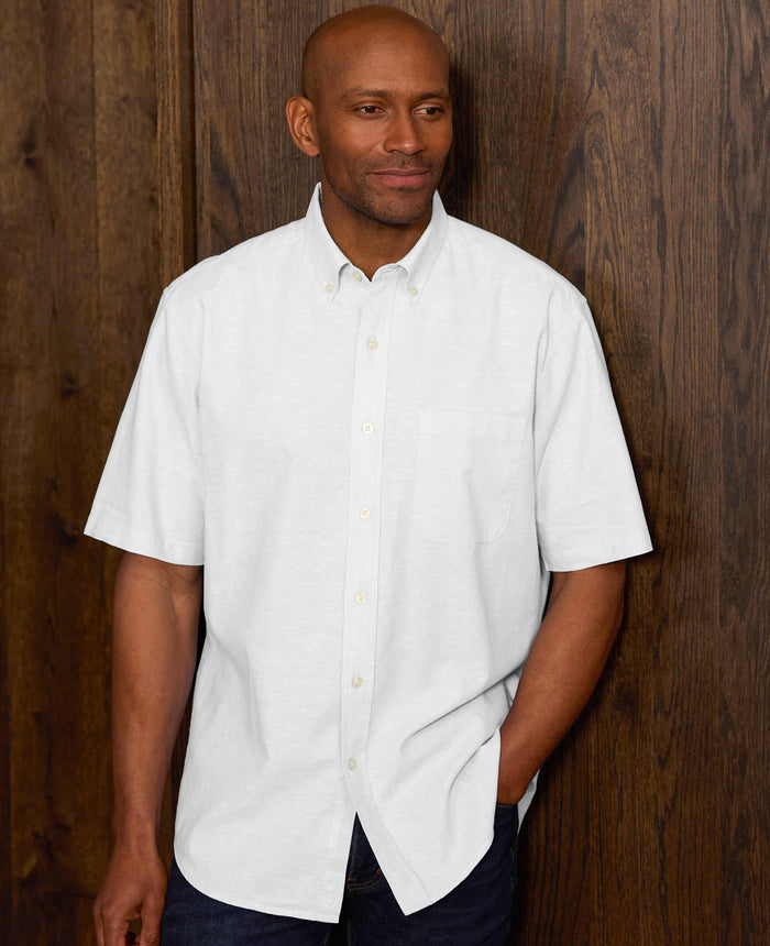 White Linen-Blend Classic Fit Short Sleeve Shirt