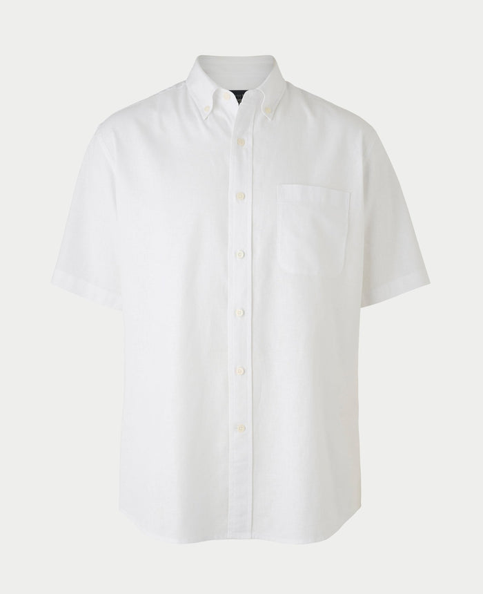White Linen-Blend Classic Fit Short Sleeve Shirt