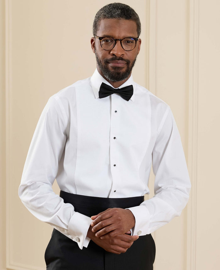 Men's White Marcella Bib Front Classic Fit Formal Dress Shirt With Double Cuffs model shot