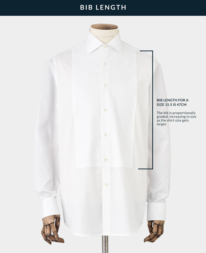 Men's White Marcella Bib Front Classic Fit Formal Dress Shirt With Double Cuffs bib length explanation