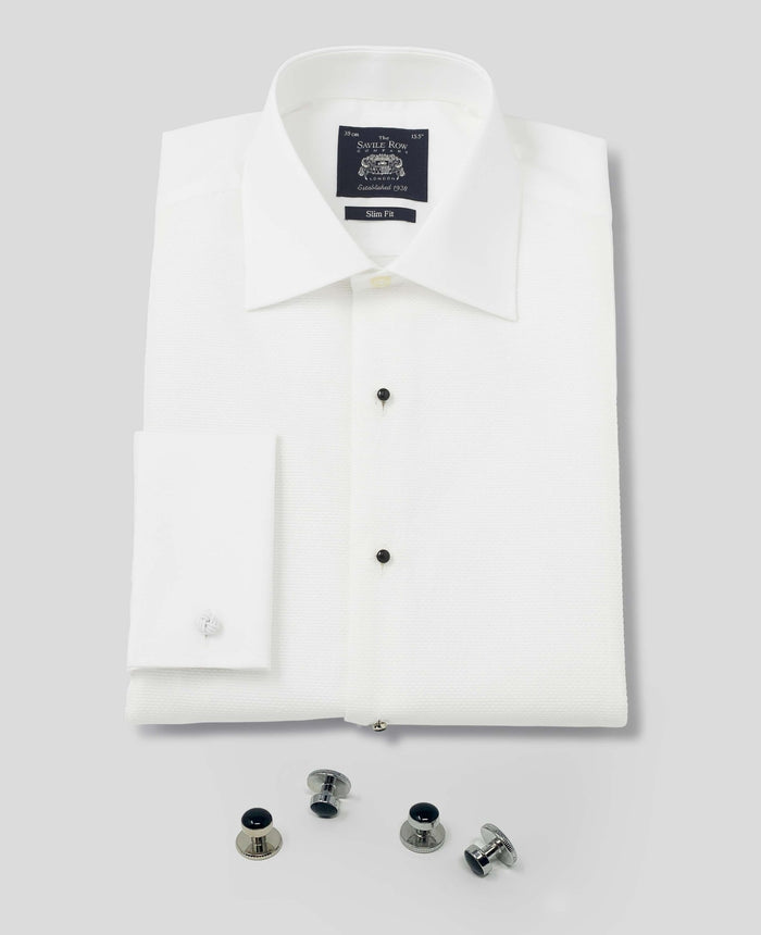 Men's White Marcella Bib Front Dinner Shirt & Dress Stud Set folded with studs