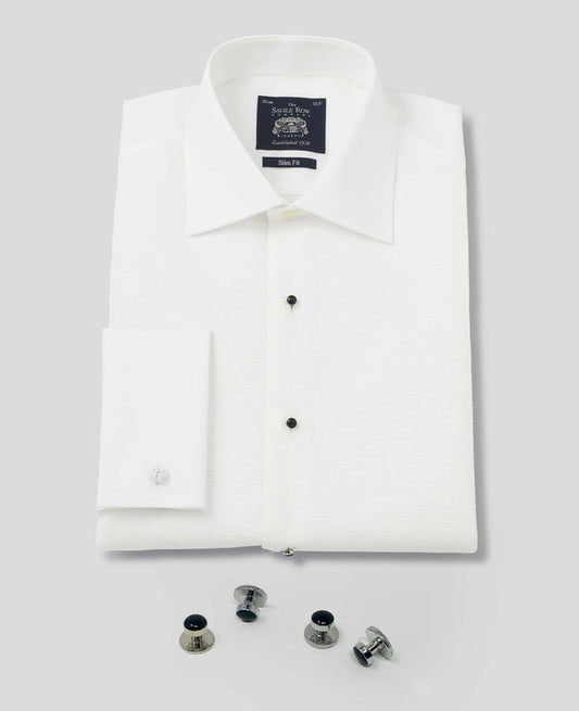 Men's White Marcella Bib Front Dinner Shirt & Dress Stud Set folded with studs