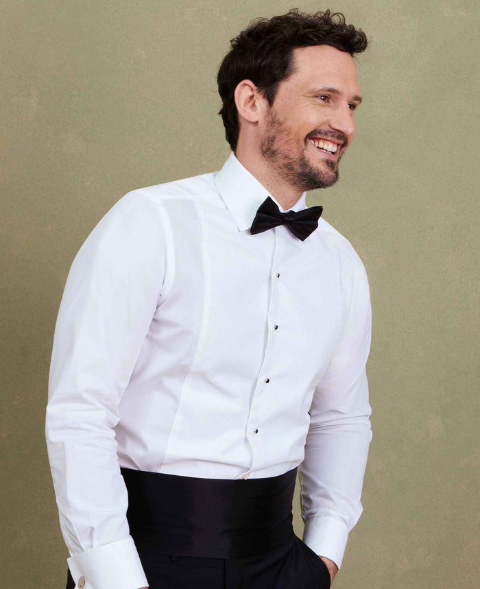 Men's White Marcella Bib Front Dinner Shirt & Dress Stud Set model shot