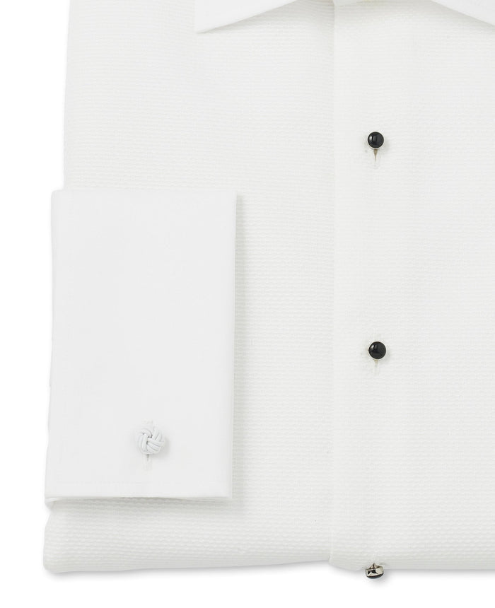 Men's White Marcella Bib Front Dinner Shirt & Dress Stud Set close up