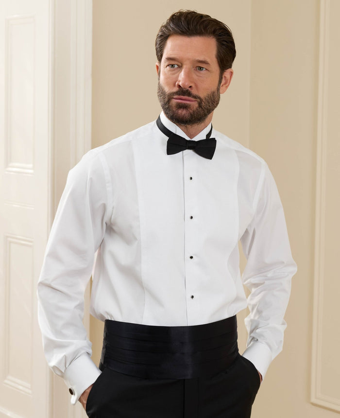 Men's White Cotton Marcella Wing Collar Classic Fit Dress Shirt With Double Cuffs model shot
