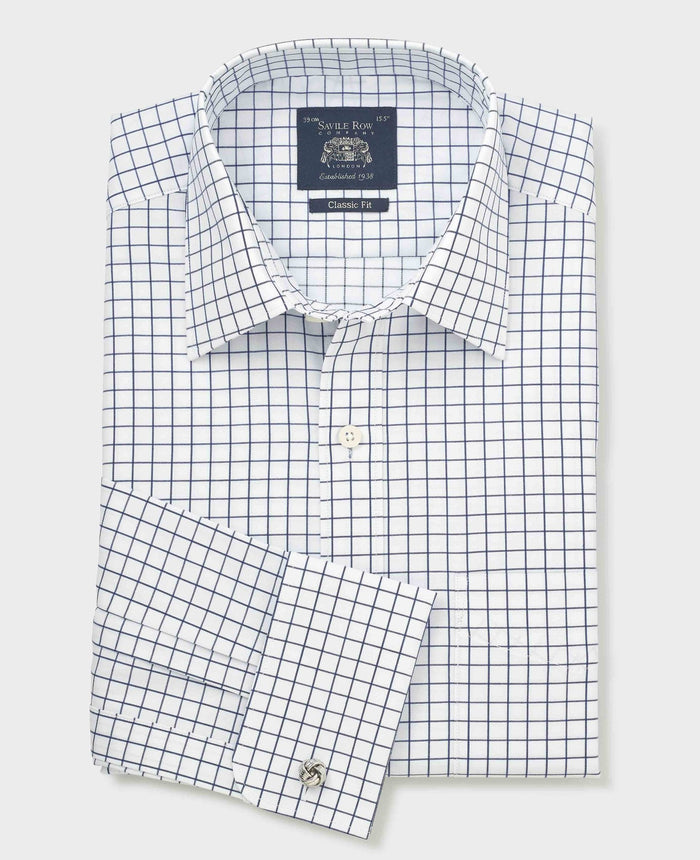 Men's White Navy Cotton Twill Window Check Classic Fit Formal Shirt With Double Cuffs folded shot
