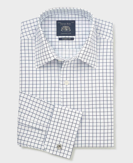 Men's White Navy Cotton Twill Window Check Classic Fit Formal Shirt With Double Cuffs folded shot