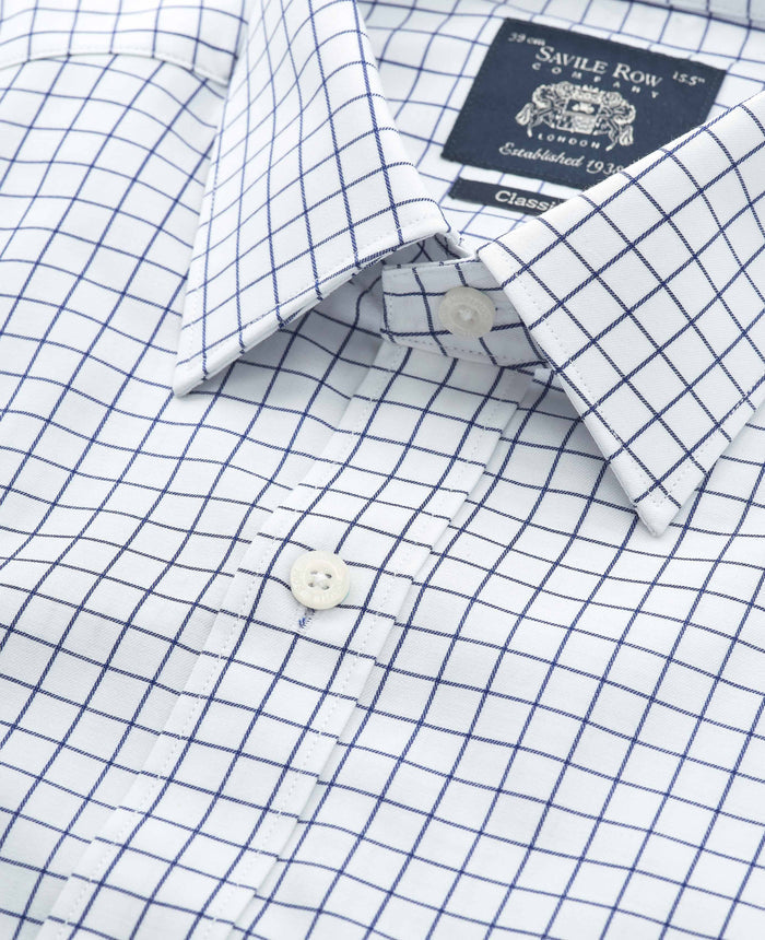Men's White Navy Cotton Twill Window Check Classic Fit Formal Shirt With Double Cuffs collar detail