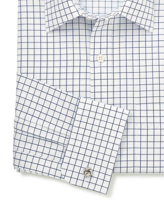Men's White Navy Cotton Twill Window Check Classic Fit Formal Shirt With Double Cuffs sleeve detail