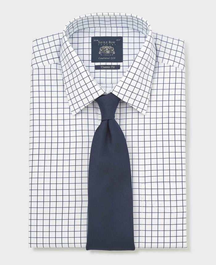 Men's White Navy Cotton Twill Window Check Classic Fit Formal Shirt With Double Cuffs folded shot