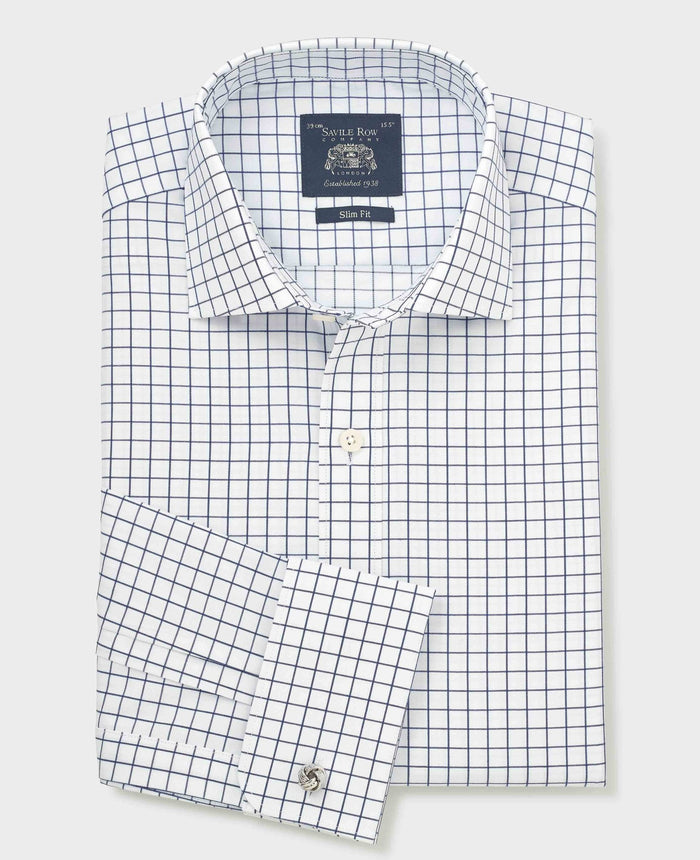 Men's White Navy Cotton Twill Window Check Slim Fit Formal Shirt With Double Cuffs folded shot