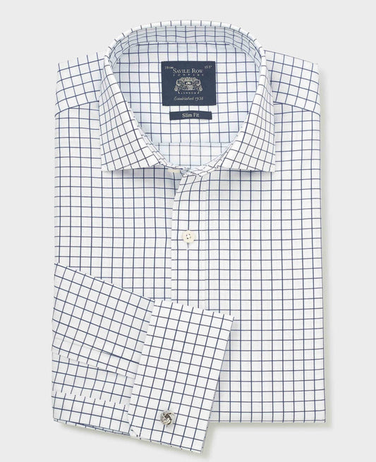 Men's White Navy Cotton Twill Window Check Slim Fit Formal Shirt With Double Cuffs folded shot