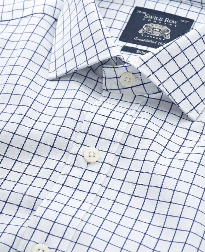 Men's White Navy Cotton Twill Window Check Slim Fit Formal Shirt With Double Cuffs collar detail