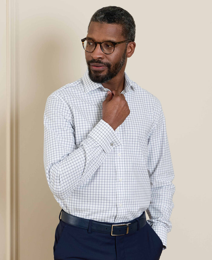 Men's White Navy Cotton Twill Window Check Slim Fit Formal Shirt With Double Cuffs model shot