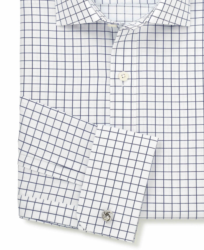 Men's White Navy Cotton Twill Window Check Slim Fit Formal Shirt With Double Cuffs sleeve detail