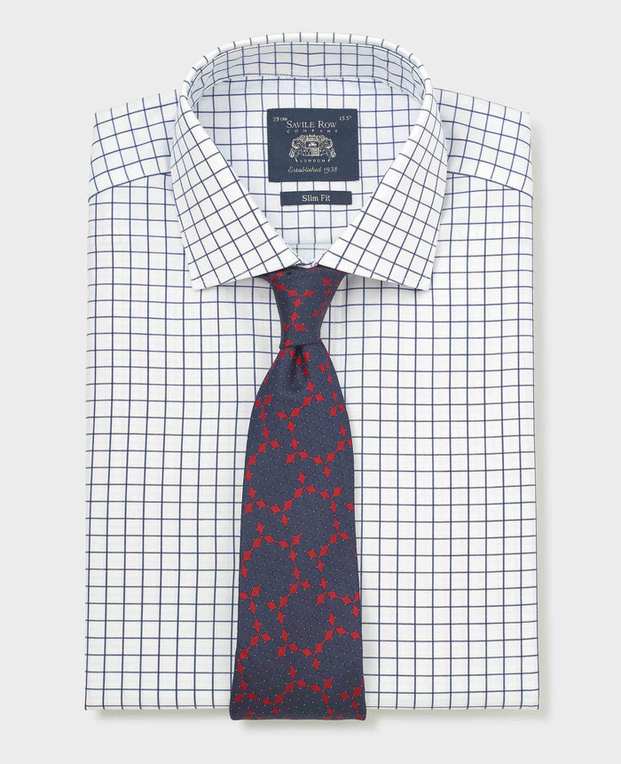Men's White Navy Cotton Twill Window Check Slim Fit Formal Shirt With Double Cuffs folded shot