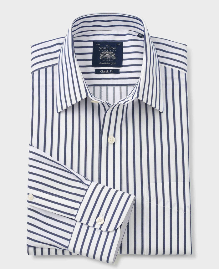 Men's White Navy Striped Cotton Classic Fit Non-Iron Formal Shirt With Single Cuffs folded