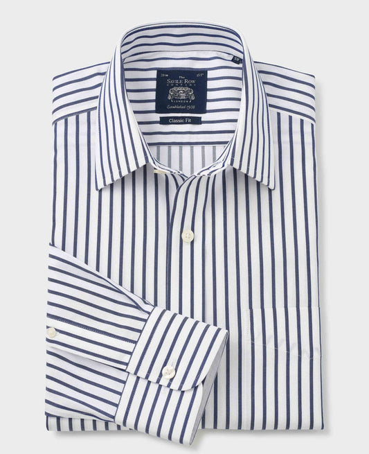 Men's White Navy Striped Cotton Classic Fit Non-Iron Formal Shirt With Single Cuffs folded