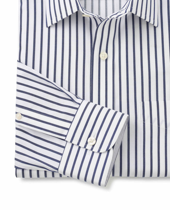 White Navy Stripe Classic Fit Non-Iron Shirt - Single Cuff