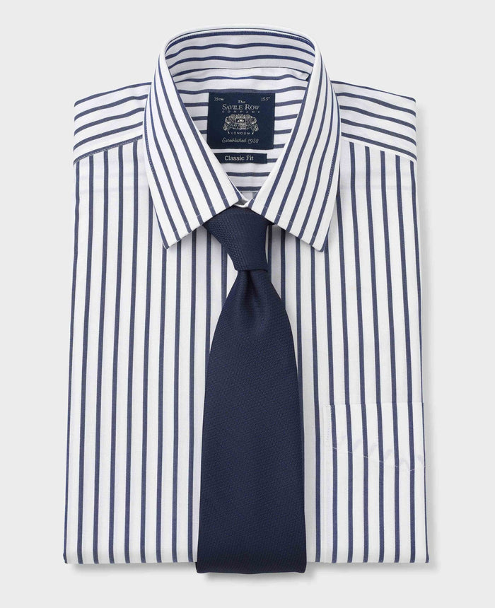 Men's White Navy Striped Cotton Classic Fit Non-Iron Formal Shirt With Single Cuffs folded with tie