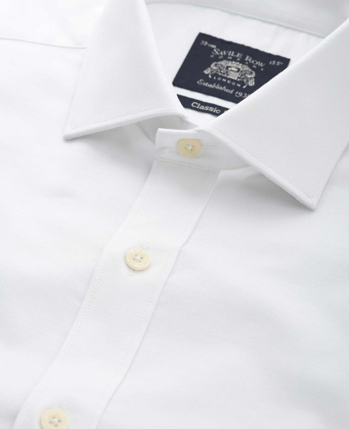 Men's White Pinpoint Cotton Classic Fit Formal Shirt With Single Cuffs collar detail