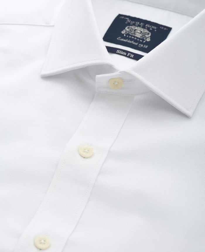 Men's White Pinpoint Cotton Slim Fit Formal Shirt With Single Cuffs collar detail