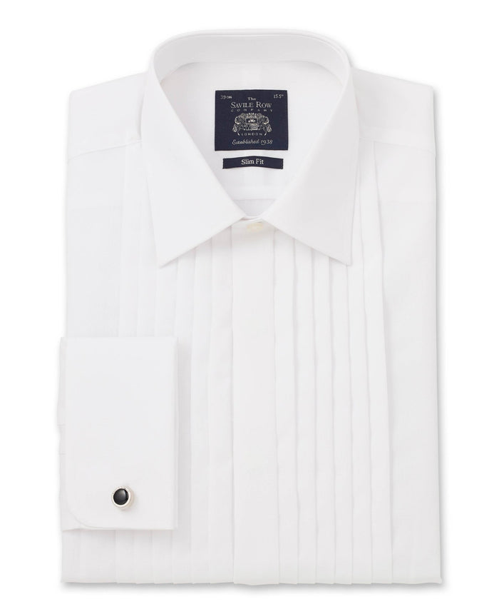 White Poplin Pleated Slim Fit Double Cuff Evening Shirt Folded Shot