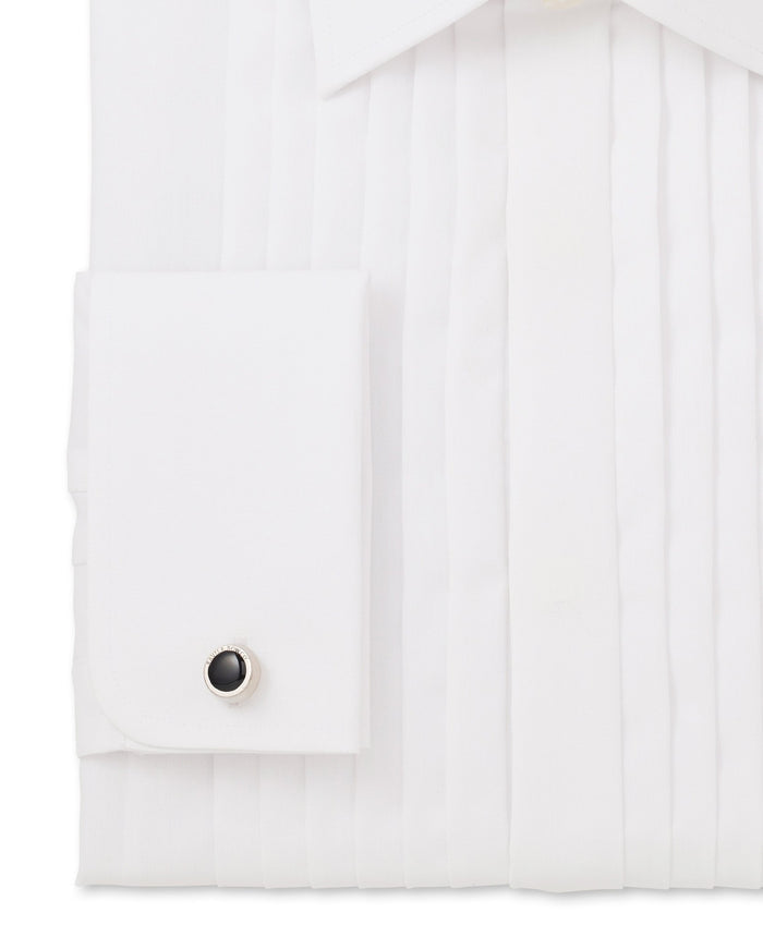 White Poplin Pleated Slim Fit Double Cuff Evening Shirt Cuff Detail