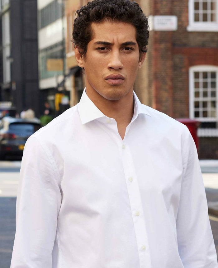 Men's White Slim Fit Poplin Formal Shirt With Single Cuffs model shot