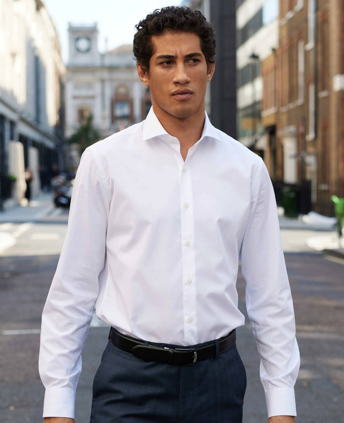 Men's White Slim Fit Poplin Formal Shirt With Single Cuffs model shot