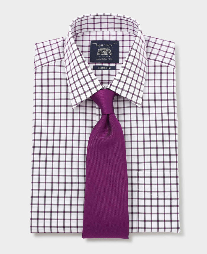 white purple cotton grid check classic fit formal shirt single cuff 1502pur Tie grey