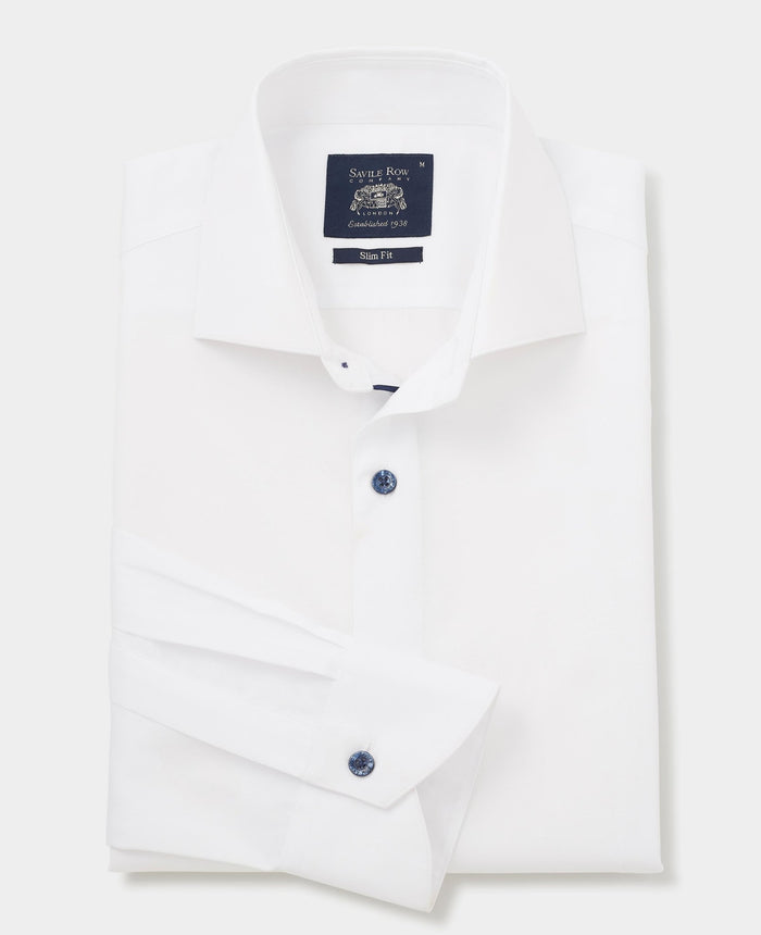 White Slim Fit Contrast Button Smart-Casual Shirt - Single Cuff