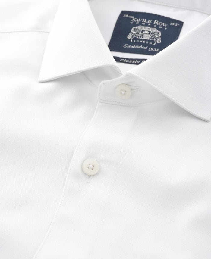 Men's White Stretch Cotton Herringbone Classic Fit Formal Shirt With Single Cuffs collar detail