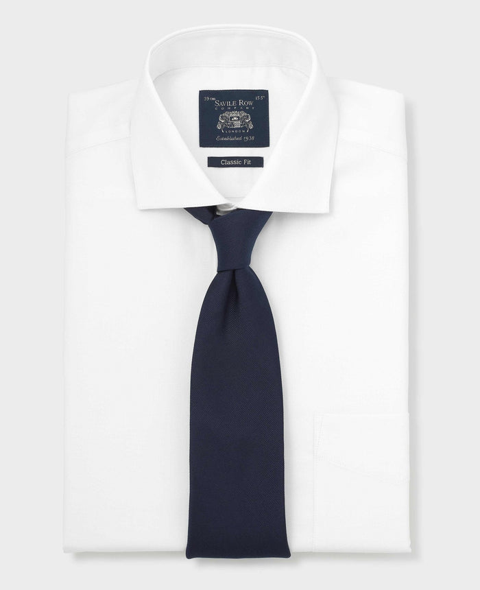 Men's White Stretch Cotton Herringbone Classic Fit Formal Shirt With Single Cuffs folded with tie
